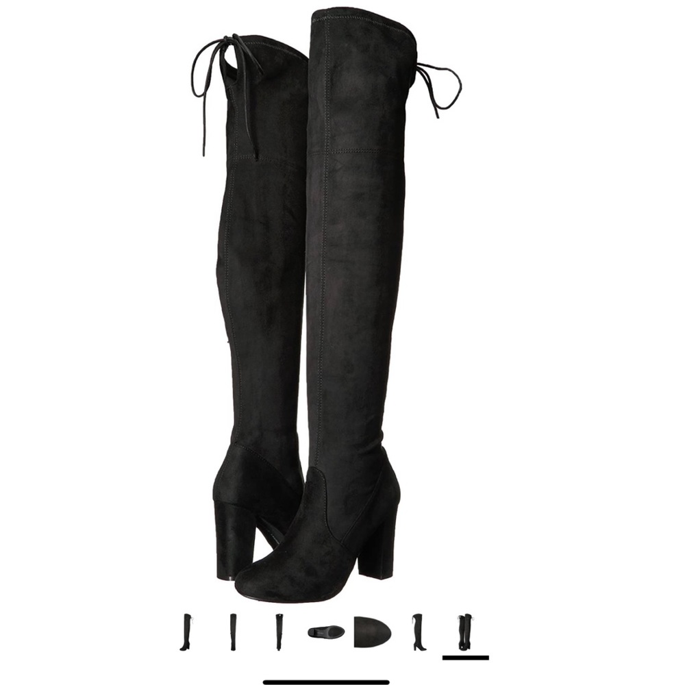 Over the knee black suede boot with block heel and self tie closure